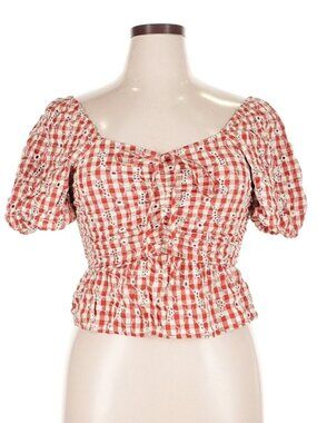 ELF SACK Red White Gingham Eyelet Crop Top Ruched Puff Sleeve Cottagecore Size L